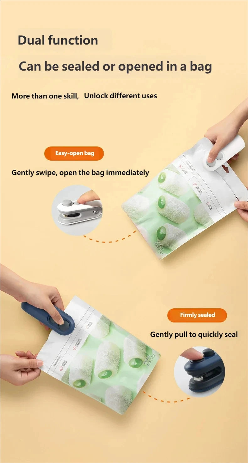 Handheld USB rechargeable heat sealer bag being used to seal or open a plastic bag.