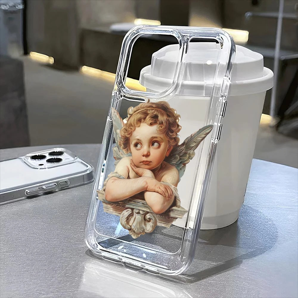A clear phone case with a floral pattern featuring a cherub with wings is displayed next to a white tumbler.