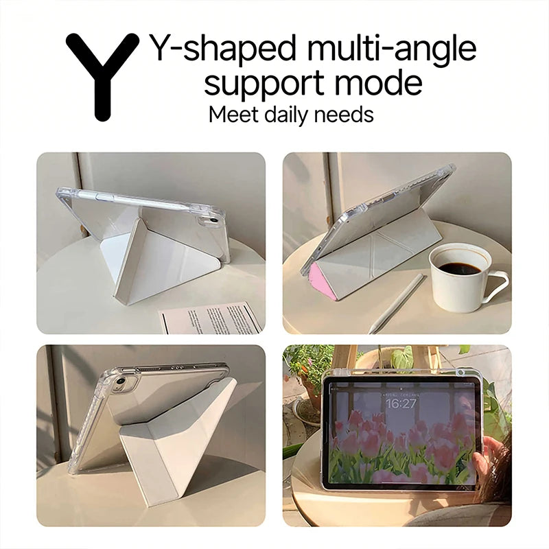 A pink cherry Y-shaped multi-angle support mode protective cover for an iPad shown in various angles.