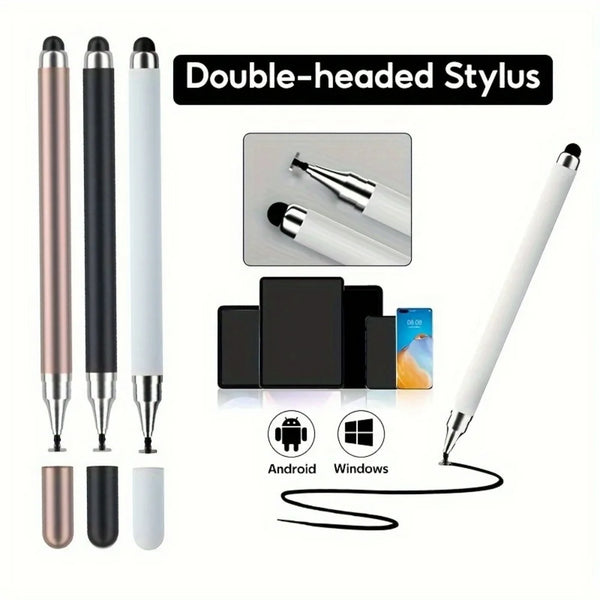 A double-headed stylus pen shown in various colors and sizes, demonstrating its use for Android and Windows devices.