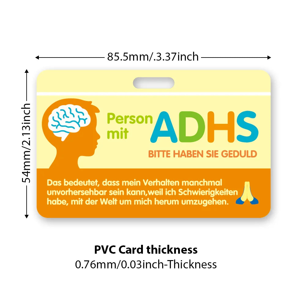 Yellow PVC card with text about ADHD awareness and a lanyard hole