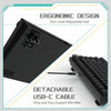 Black mechanical keyboard featuring two-level adjustable feet and a detachable USB-C cable for Win/Mac support
