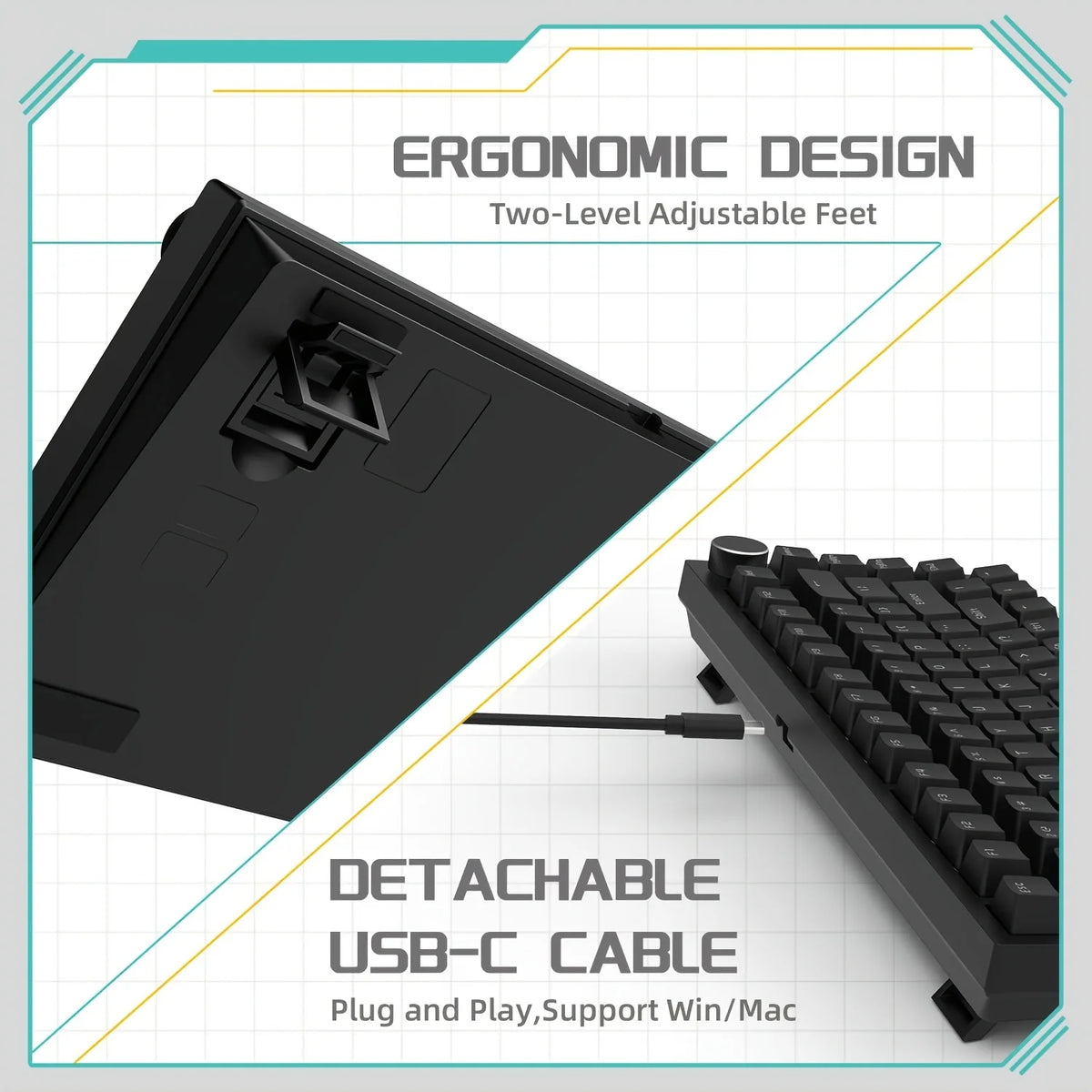 Black mechanical keyboard featuring two-level adjustable feet and a detachable USB-C cable for Win/Mac support