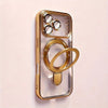 A clear gold magnetic phone case with a stand for an iPhone is shown against a light background.