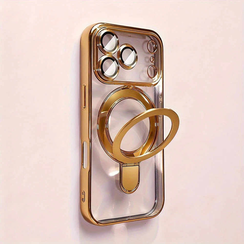A clear gold magnetic phone case with a stand for an iPhone is shown against a light background.