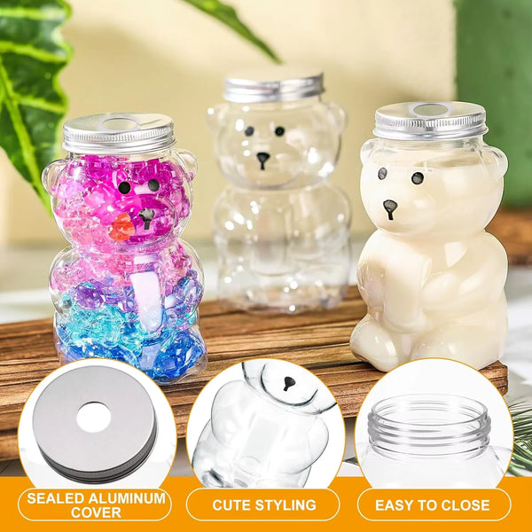 Clear glass bear-shaped reusable water bottles with sealed aluminum covers and cute styling