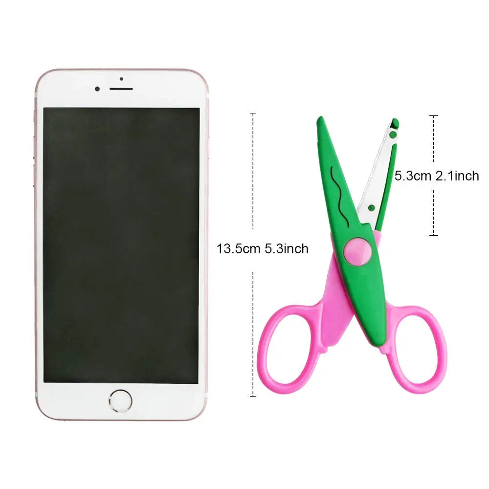 Pink and green decorative zig zag edge scissors with measurements shown next to a smartphone.