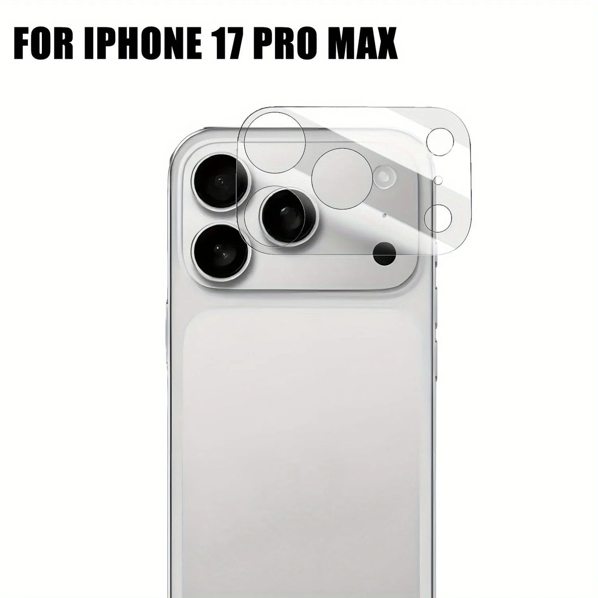 Clear full coverage tempered glass protector for the camera lenses of an iPhone 17 Pro Max.