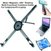 A multi-functional metal and magnetic rotating holder for cellphones, PCs, and laptops.