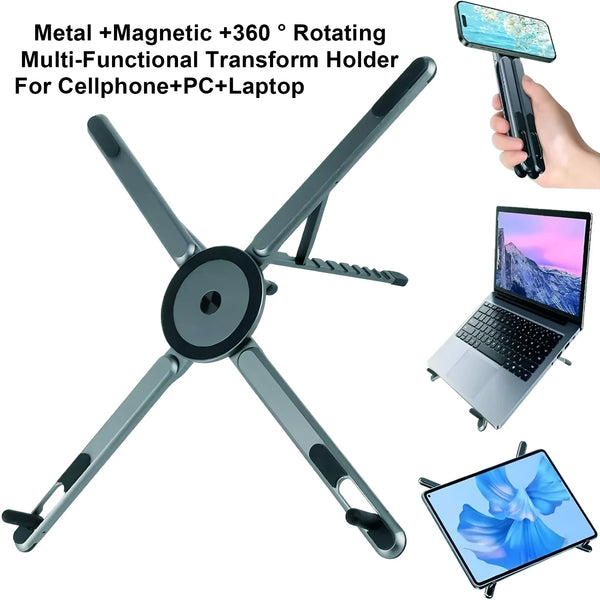 A multi-functional metal and magnetic rotating holder for cellphones, PCs, and laptops.