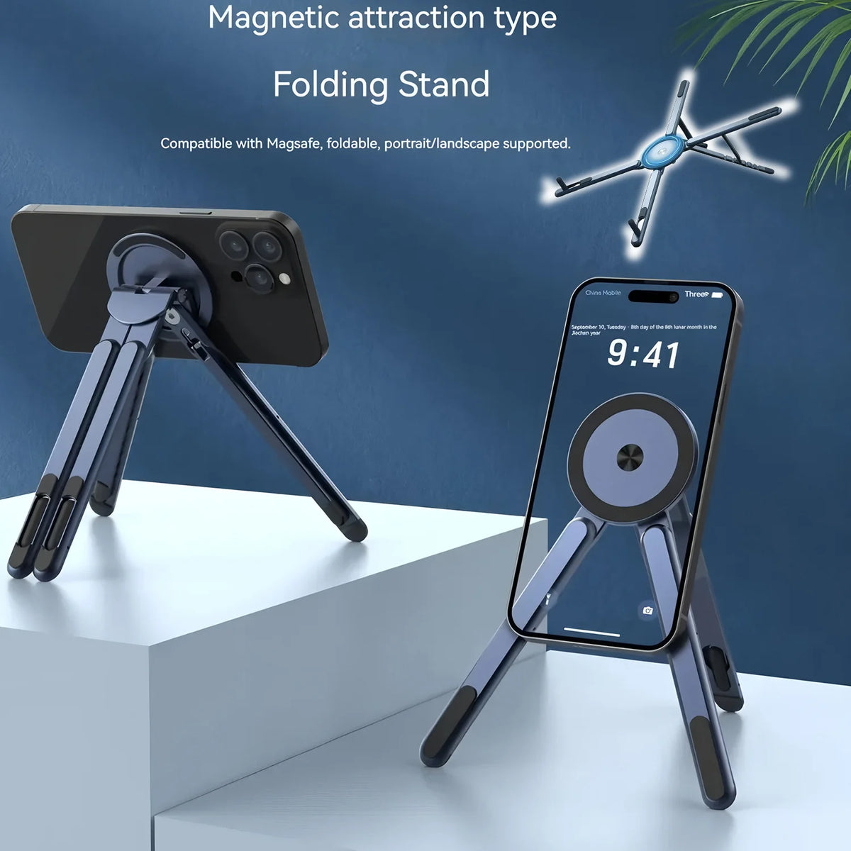 A folding magnetic stand for a smartphone, shown in various angles and configurations.