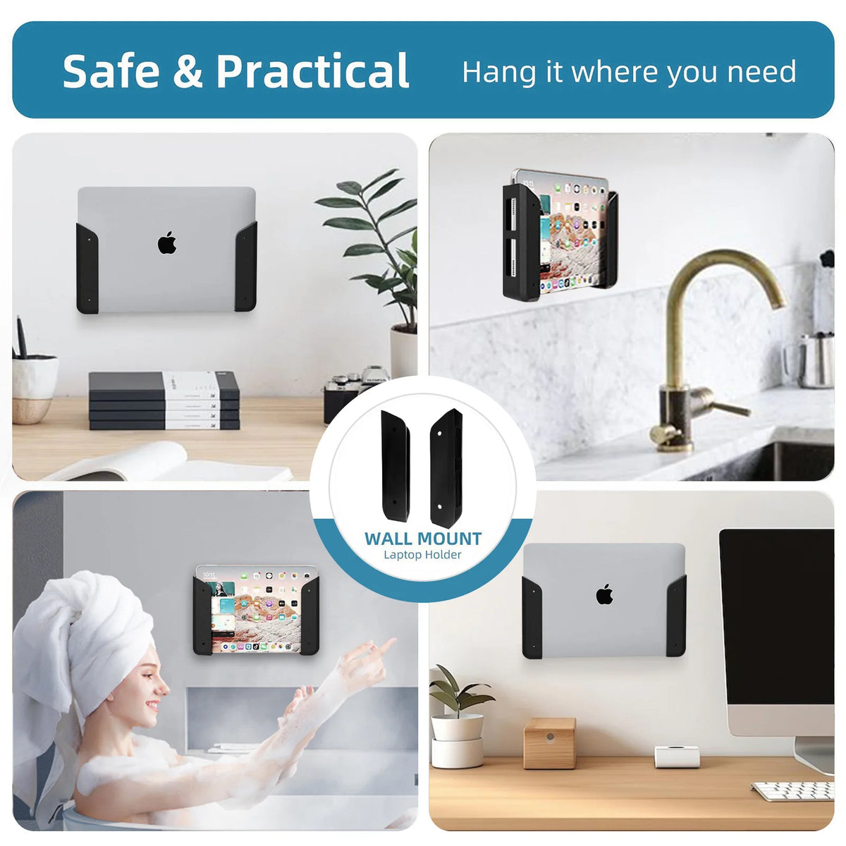 A laptop is mounted on a wall holder above a kitchen sink, demonstrating its safe and practical use.
