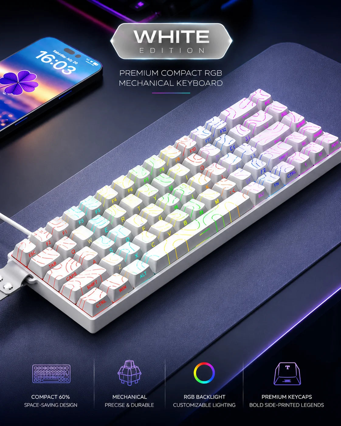 A white edition 68-key mechanical keyboard with RGB backlight shown on a dark surface.