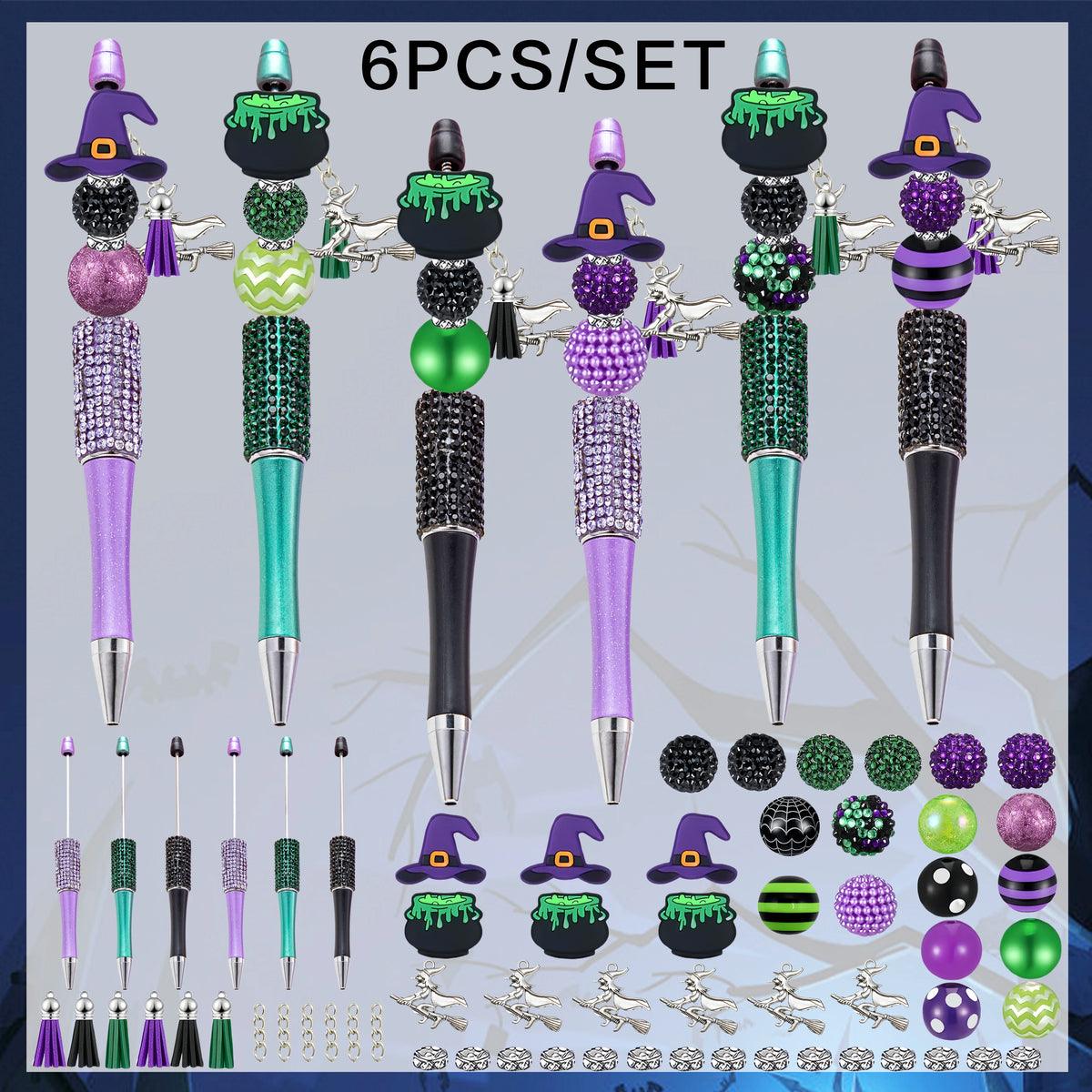 A set of six bead pens featuring witch charms and various colors including purple, green, black, and iridescent beads.