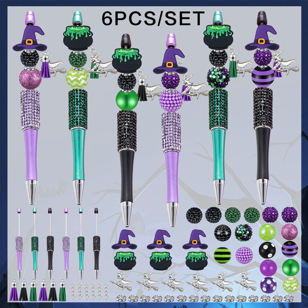 A set of six bead pens featuring witch charms and various colors including purple, green, black, and iridescent beads.
