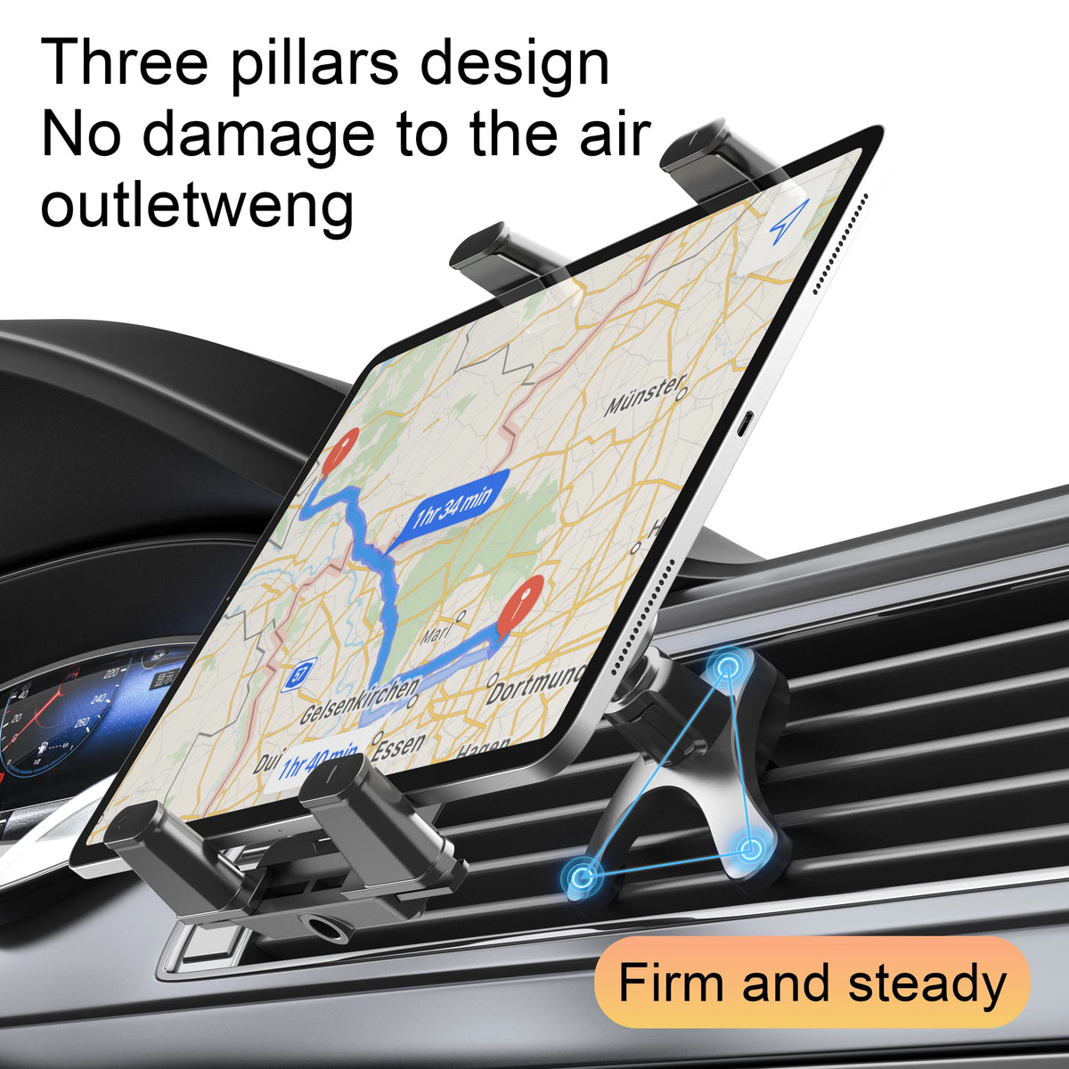 A tablet is mounted on a universal car air vent mount, designed to prevent damage to the air outlet.