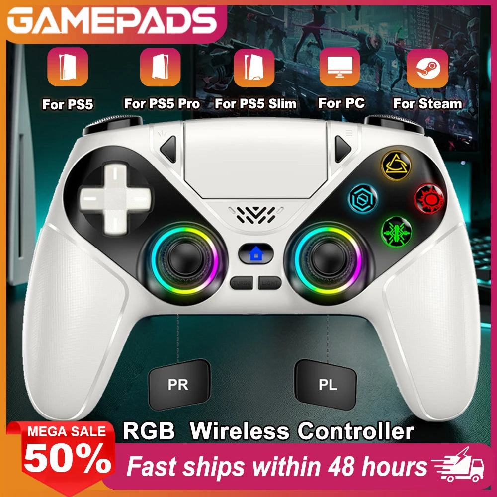 White RGB wireless gaming controller for PS5 and PC shown from the top view