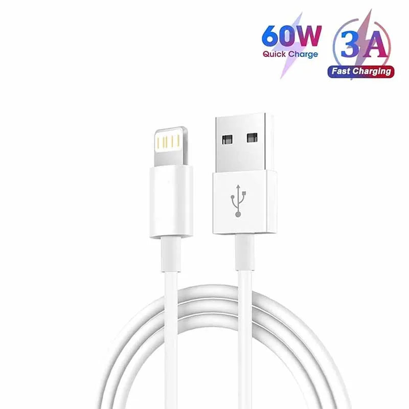 White USB-A to Lightning fast charging cable with a braided cord.