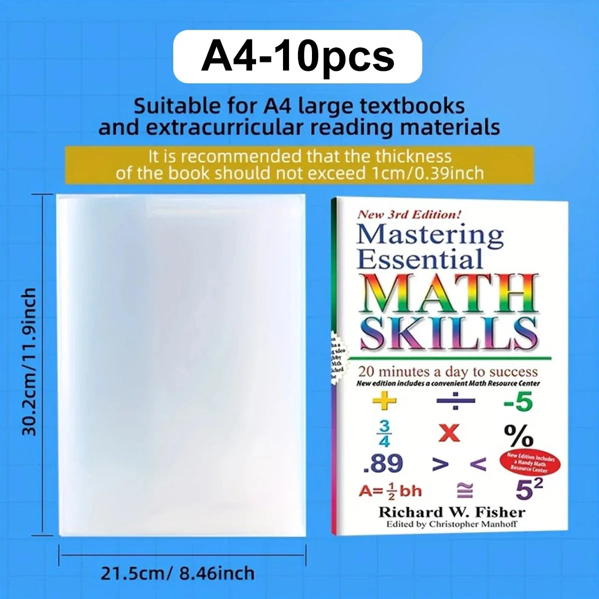Cubierta protectora transparente para libros y materiales de lectura A4, junto a un libro de habilidades matemáticas.