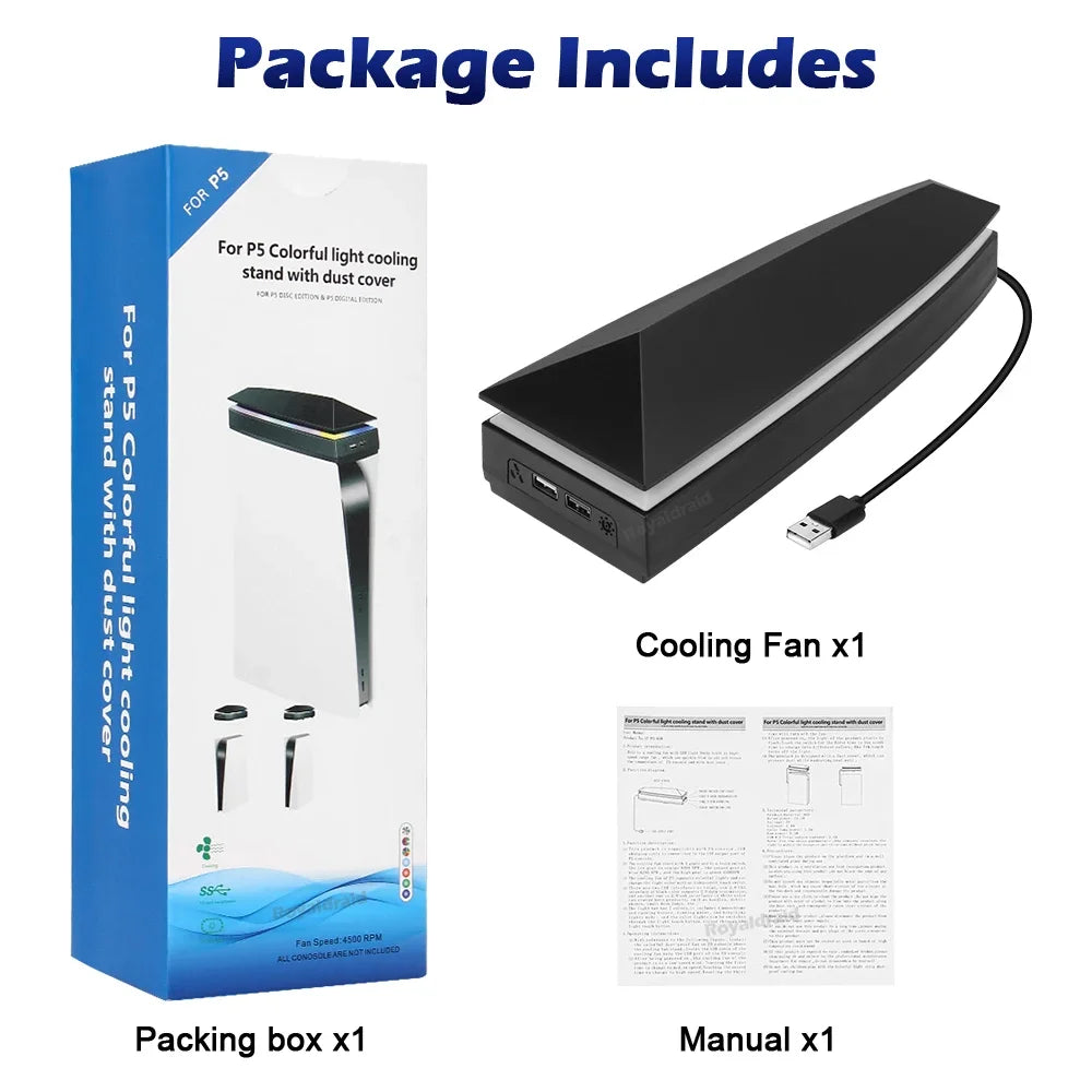 Packaging box and manual for a colorful light cooling stand with dust cover