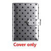 Silver faux leather binder cover with black polka dots and a snap closure.