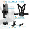 Installation steps for an adjustable phone clip holder featuring a mobile phone holder and chest strap.