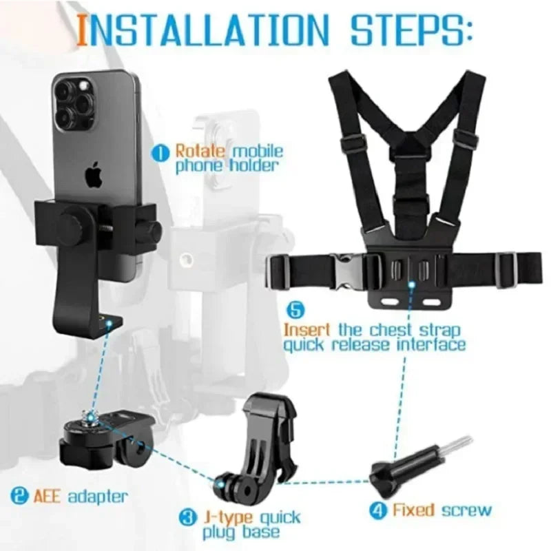Installation steps for an adjustable phone clip holder featuring a mobile phone holder and chest strap.