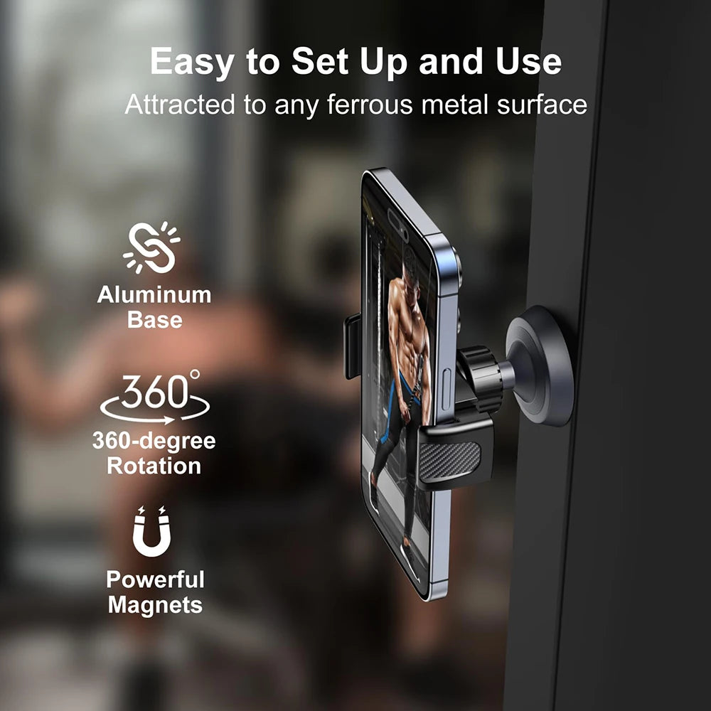 A close-up of a black magnetic phone holder attached to a door, demonstrating its easy setup and 360-degree rotation.