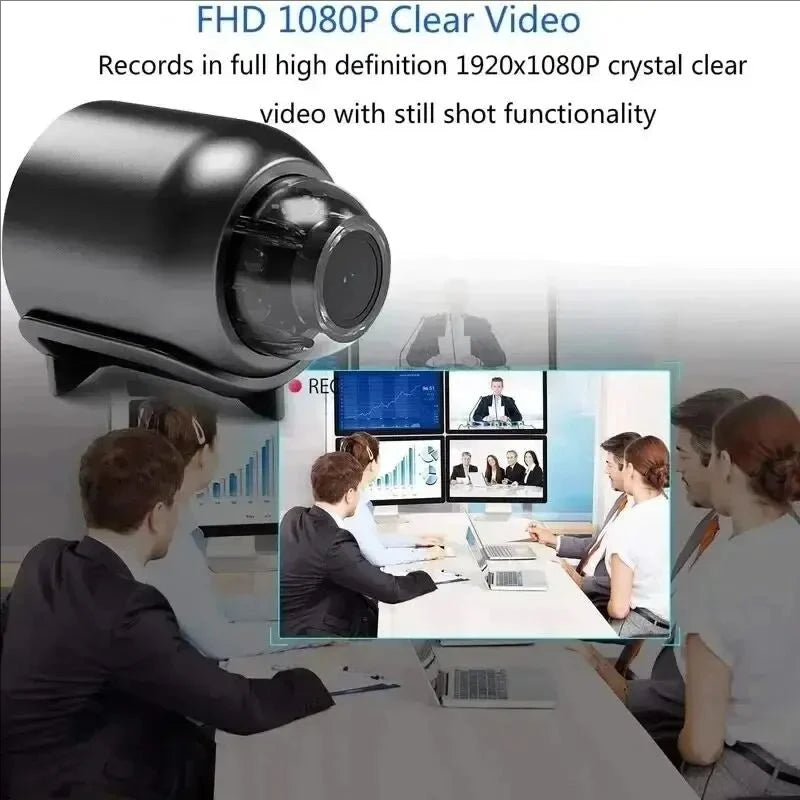 A black security camera is shown with a clear video display, recording in full high definition.
