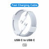 A white USB C to USB C fast charging cable coiled for use with a 30W USB-C fast charger.