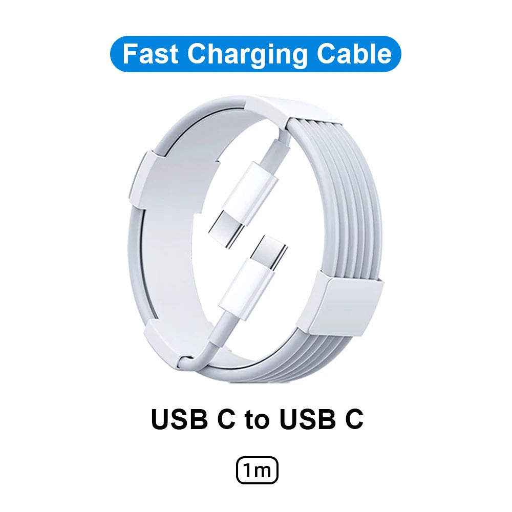 A white USB C to USB C fast charging cable coiled for use with a 30W USB-C fast charger.