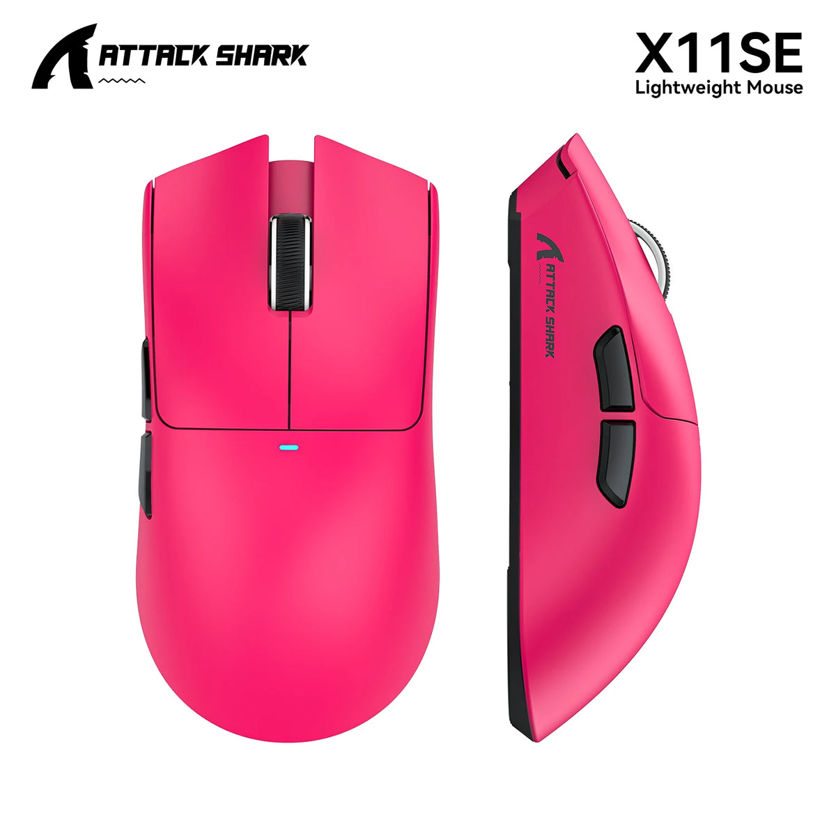 Pink Attack Shark X11SE lightweight wireless gaming mouse shown from the top and side.