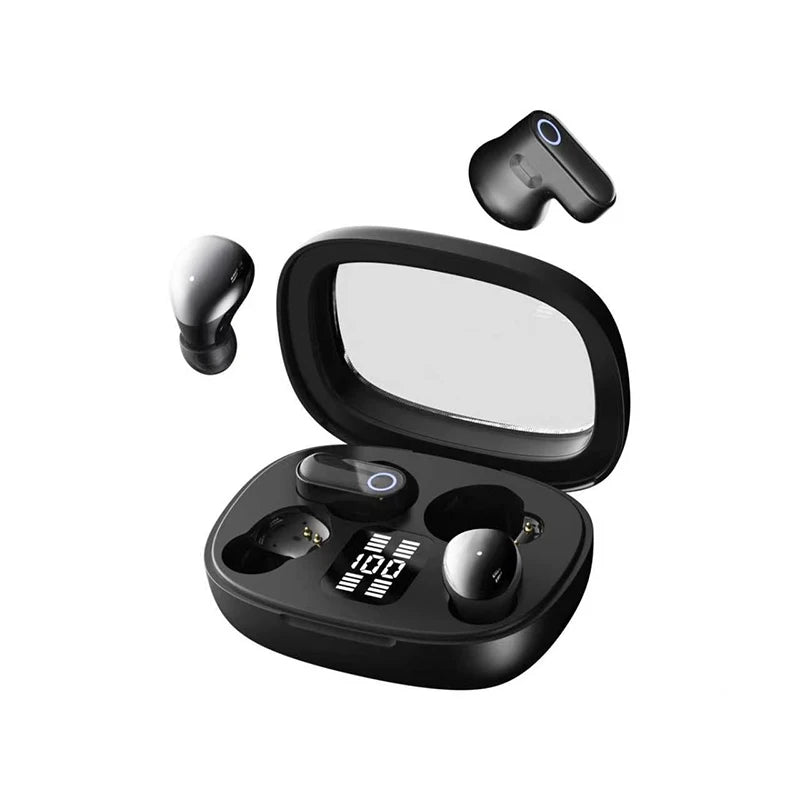 A black wireless Bluetooth sleep earbud case with a visible interior and an earbud resting on top.