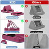 A pink foldable tablet pillow stand with Velcro adjustment angle and concealed zipper.