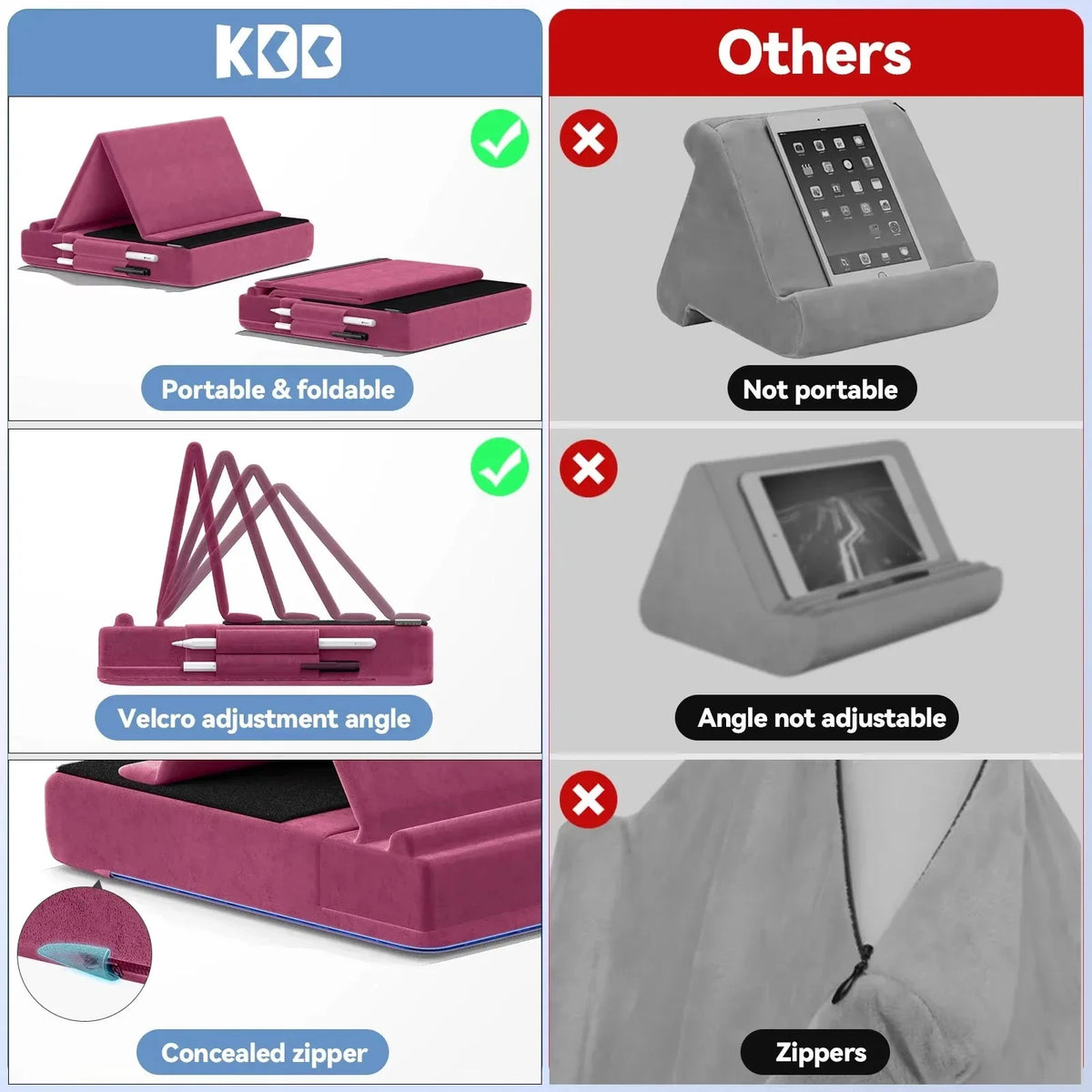 A pink foldable tablet pillow stand with Velcro adjustment angle and concealed zipper.