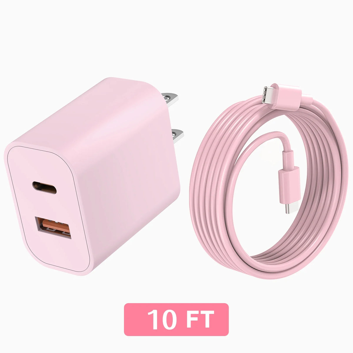 A pink 20W dual-port USB-C fast charging cable coiled and shown next to its connector end.