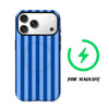 A blue and white striped phone case for an iPhone with a MagSafe compatibility symbol.