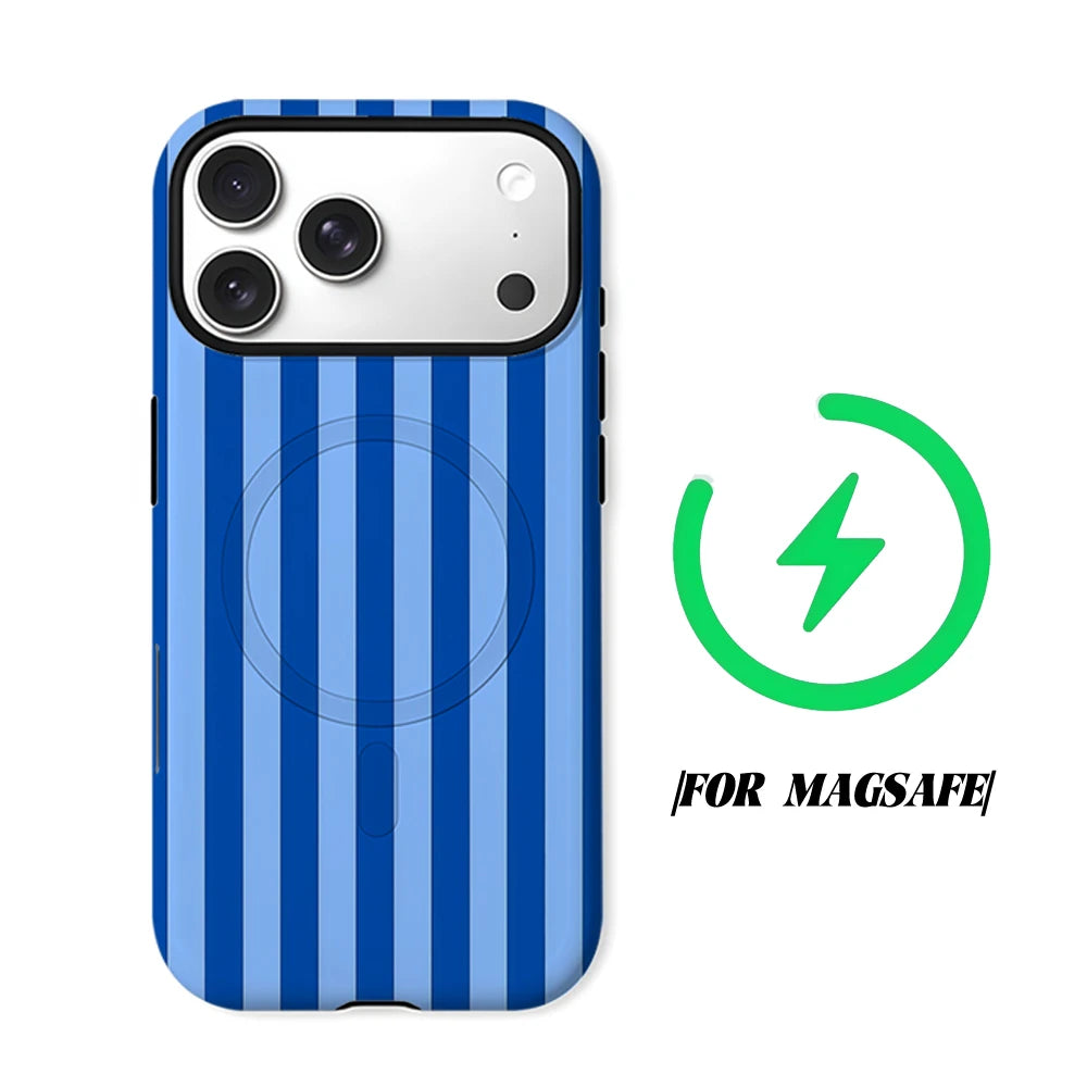 A blue and white striped phone case for an iPhone with a MagSafe compatibility symbol.