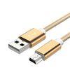 A braided mini USB to USB charging and data sync cable with gold connectors and white insulation.