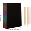 A set of rainbow colored scratch-off art paper sheets and five stylus sticks displayed next to the packaged product.
