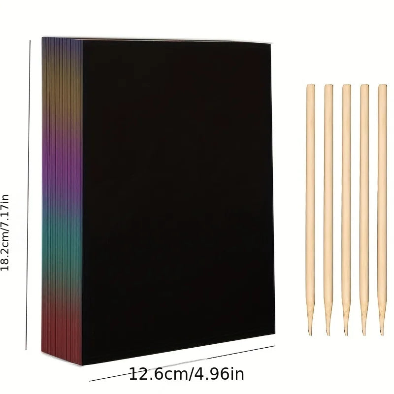 A set of rainbow colored scratch-off art paper sheets and five stylus sticks displayed next to the packaged product.