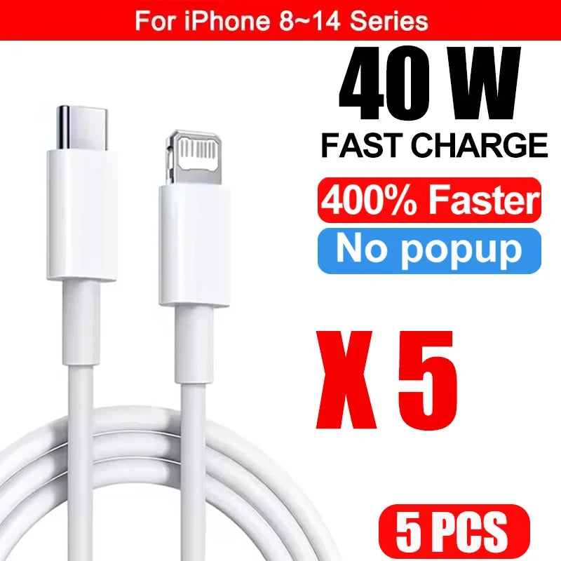A white USB-C to Lightning fast charging cable with a braided cord is shown, packaged in 5 pieces.
