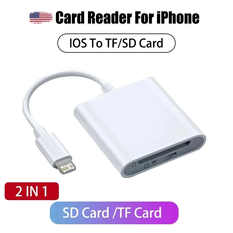 White card reader adapter for iPhone that converts iOS to TF/SD cards.