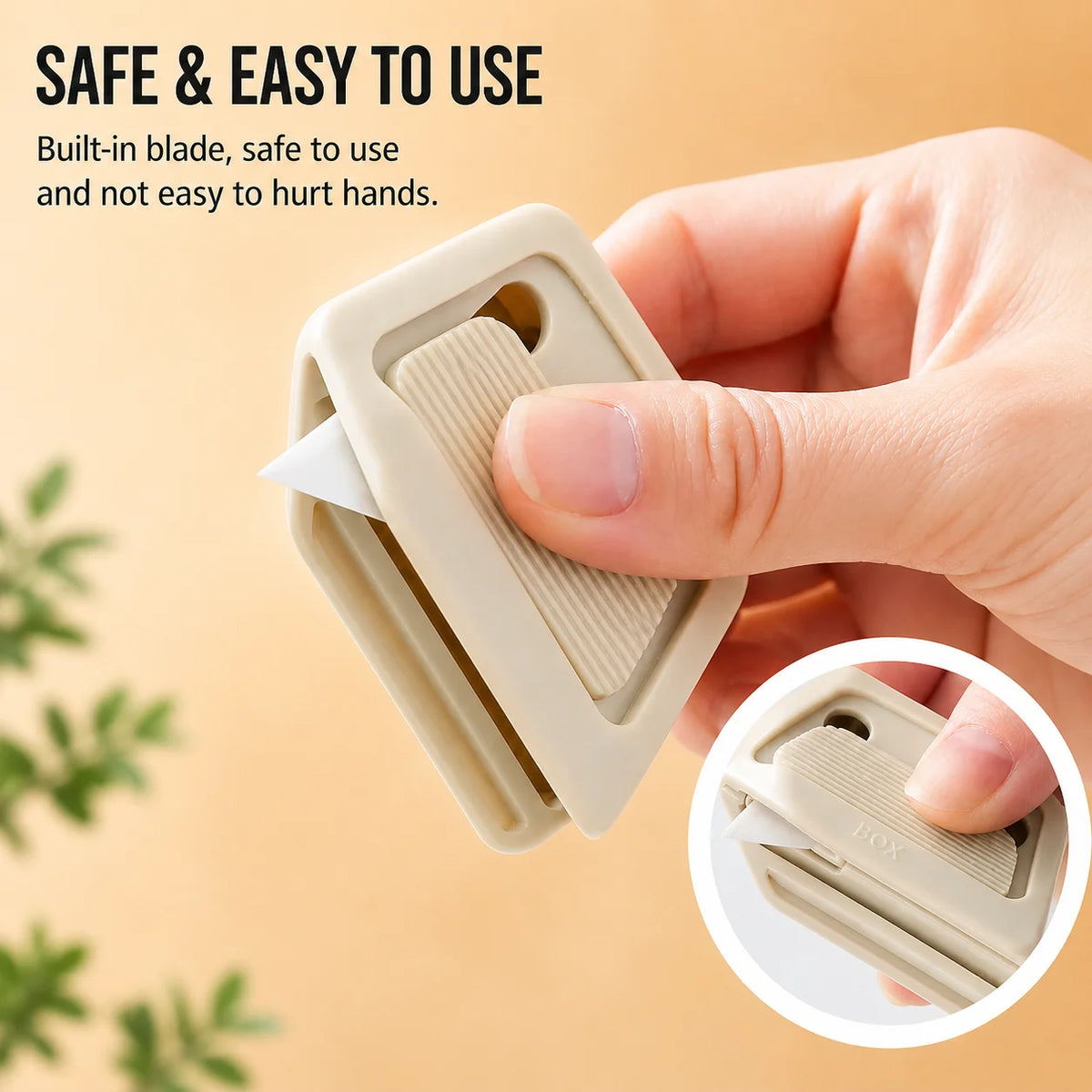 A hand holds a beige mini ceramic box cutter with an auto-retractable blade, demonstrating its safe and easy to use design.