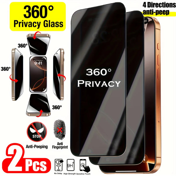 Film protecteur en verre privé noir pour iPhone, montré sous divers angles et fonctionnalités.