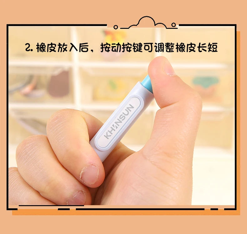 A hand is adjusting the length of a retractable pencil eraser using a device labeled KHINSON.