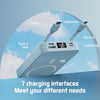 A light blue portable magnetic wireless power bank displaying various charging interfaces including Type-C, USB, Micro-B, and