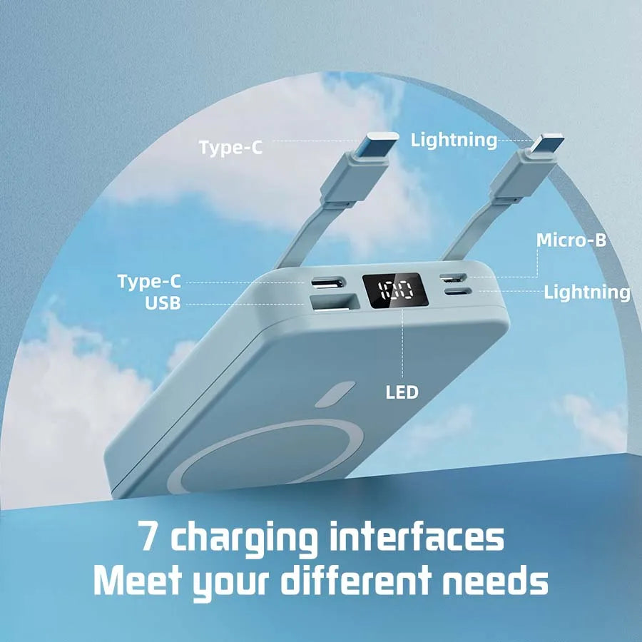 A light blue portable magnetic wireless power bank displaying various charging interfaces including Type-C, USB, Micro-B, and