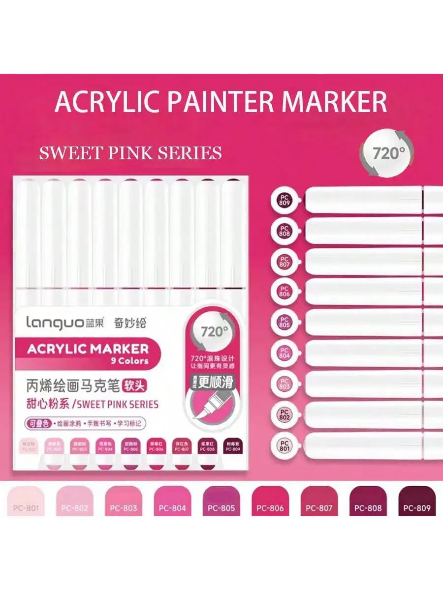 A set of 9 colors of soft pink acrylic paint markers with a 720 degree tip for drawing and art