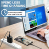 A laptop is shown next to a mobile device and a charger, demonstrating fast charging capabilities.